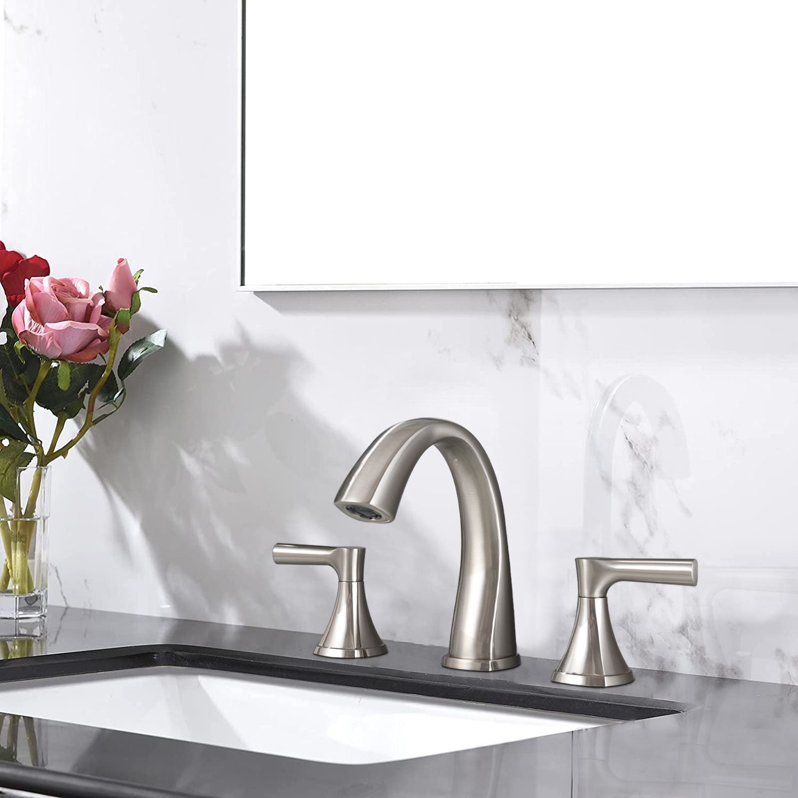Widespread Bathroom Sink Faucets Two Handle 3 Hole Vanity Bath Faucet with Drain Assembly (Brushed Nickel) image 6