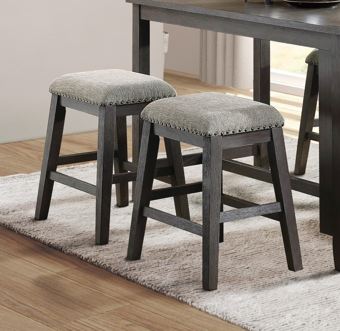 Wire-Brushed Gray Finish Set of 2 Counter Height Barstool Gray Chenille Upholstery Seat Nailhead Trim Casual Dining Furn image 1