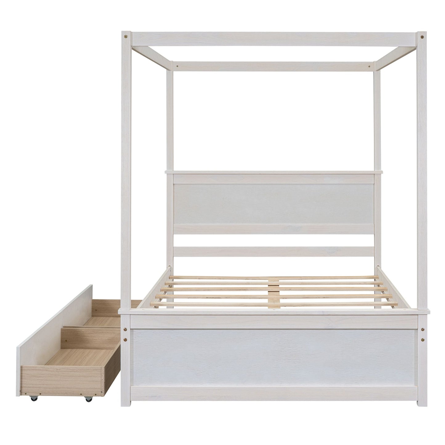 Full size canopy bed with drawers assembled in bedroom
