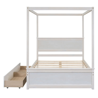 Full size canopy bed with drawers assembled in bedroom