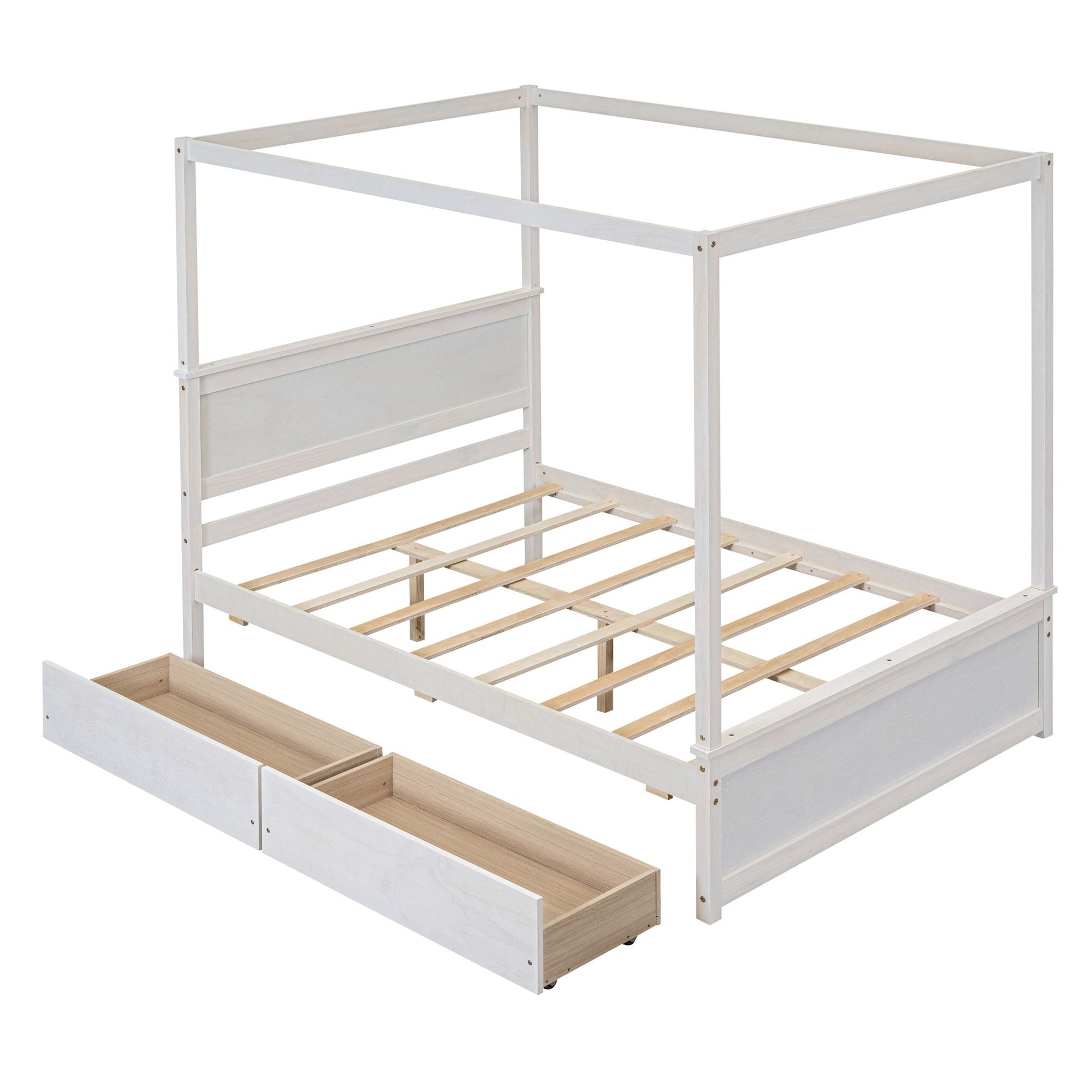Wood canopy bed with drawers open showing storage space