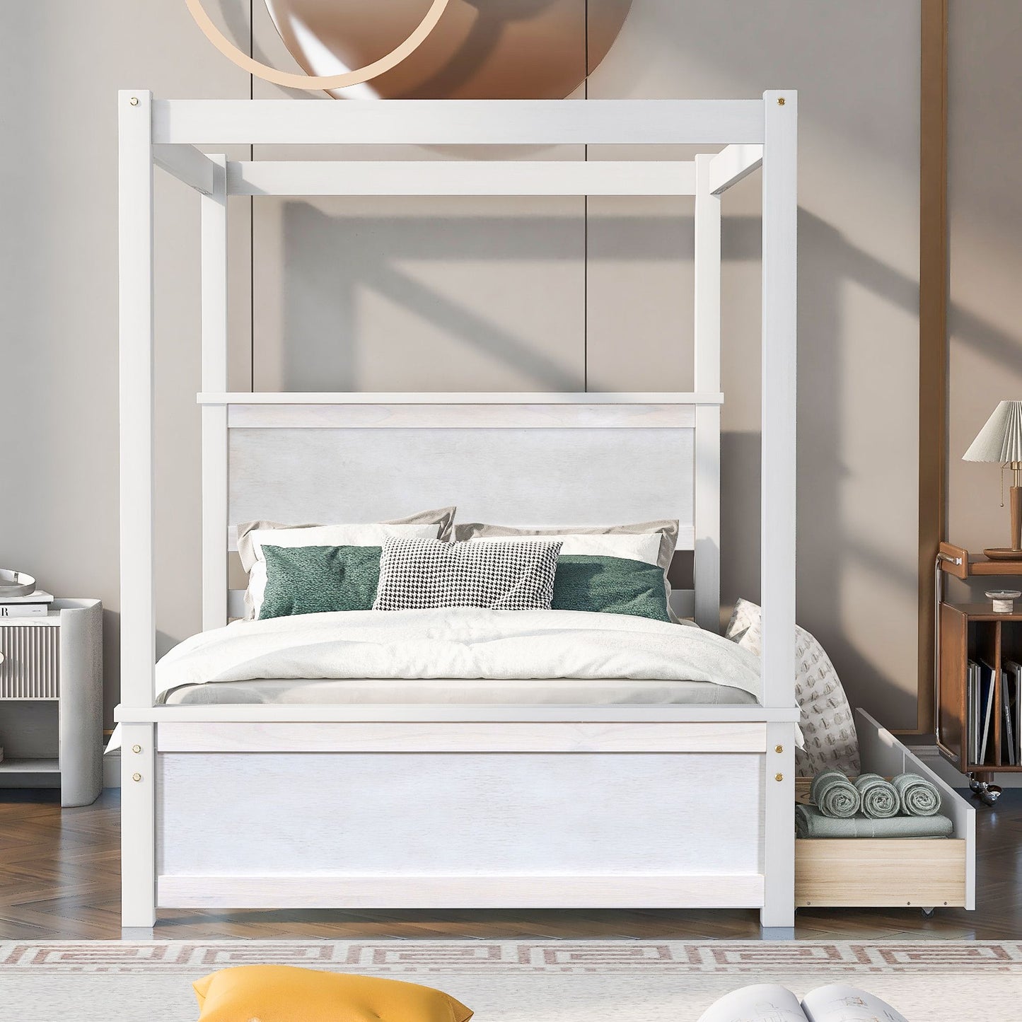 Full size canopy platform bed with storage drawers side view