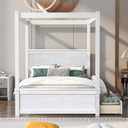 Full size canopy platform bed with storage drawers side view