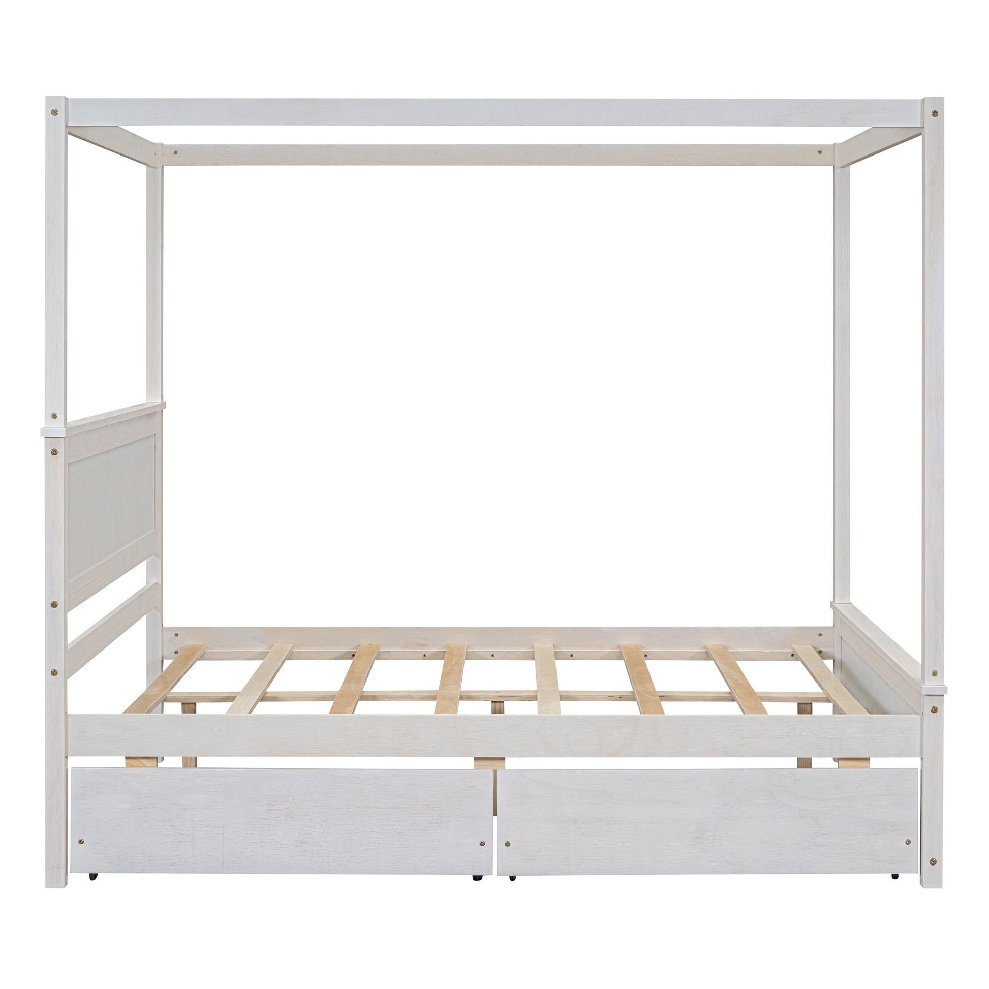 Wooden canopy bed with headboard and footboard brushed white