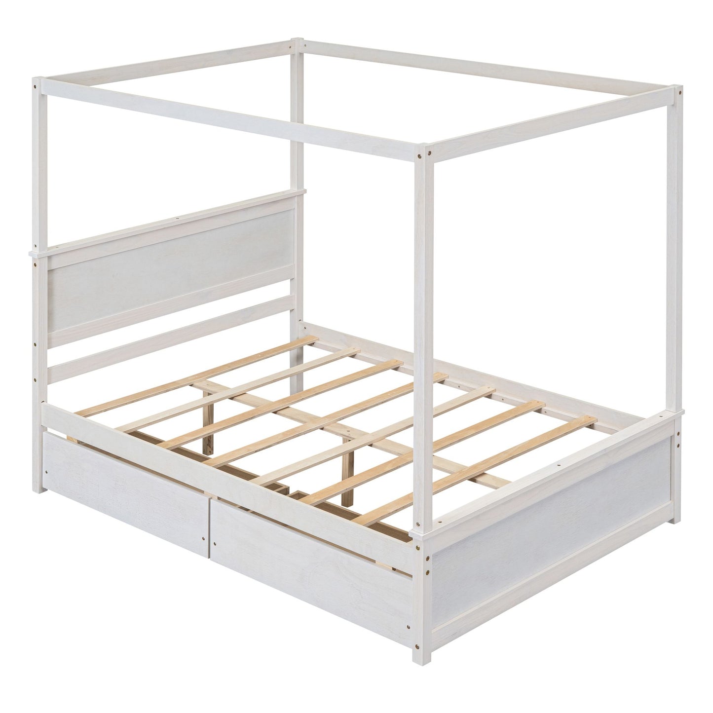 Brushed white canopy bed frame with canopy columns
