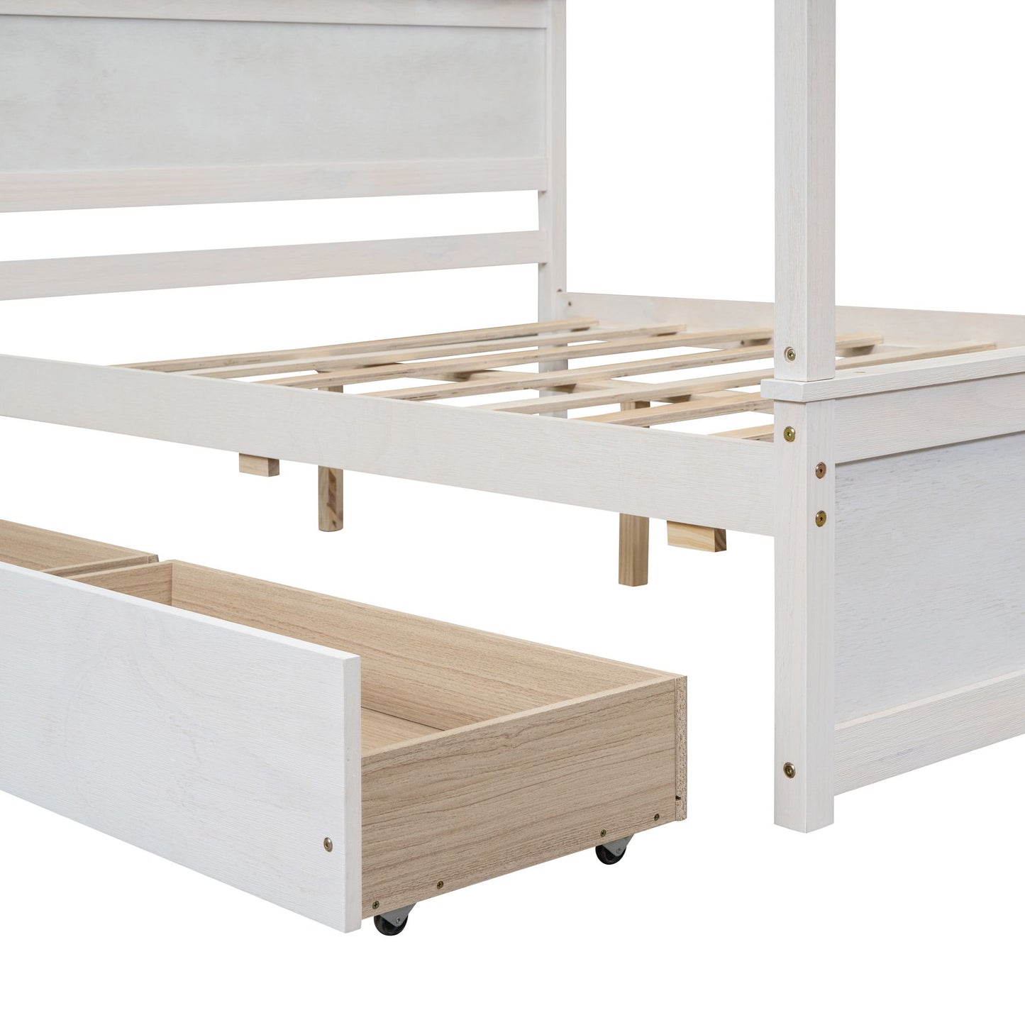 Canopy bed frame with drawer pull detail