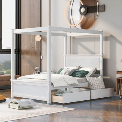 Full size wood canopy bed with two drawers brushed white front view