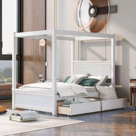 Full size wood canopy bed with two drawers brushed white front view