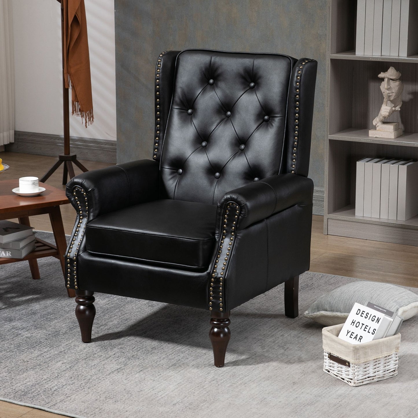 Modern accent chair with sturdy wood legs - side angle