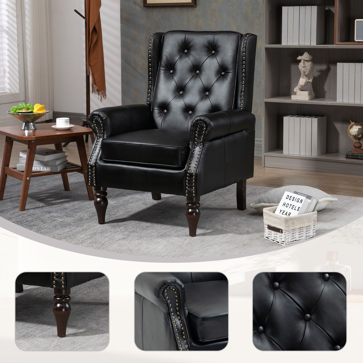 Modern PU leather accent armchair with wood frame and black upholstery - front view
