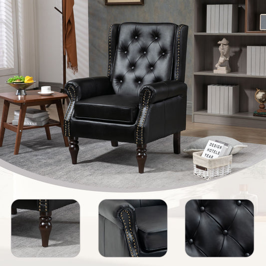Modern PU leather accent armchair with wood frame and black upholstery - front view