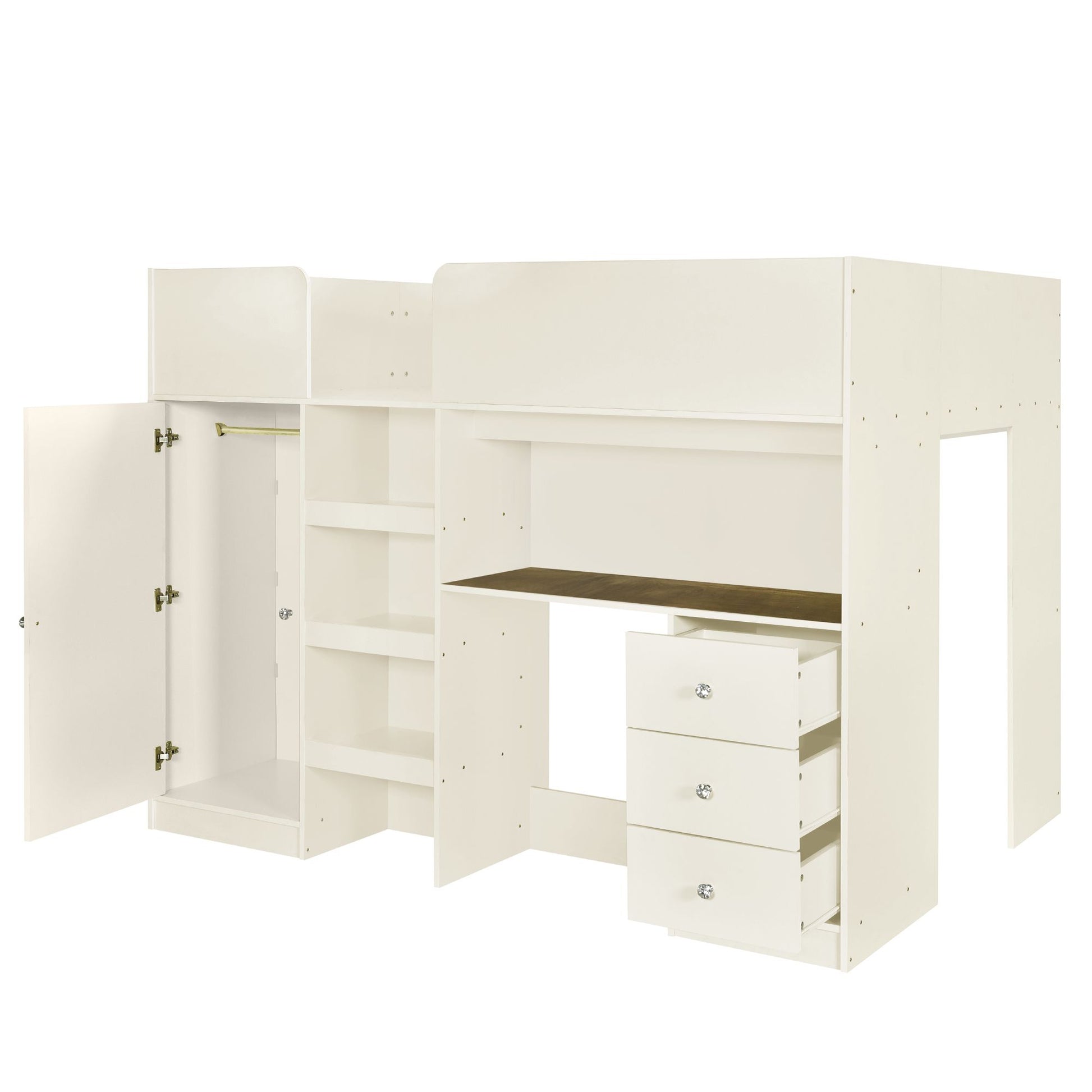 Wood Full Size Loft Bed with Built-in Wardrobe, Desk, Storage Shelves and Drawers, Beige image 10