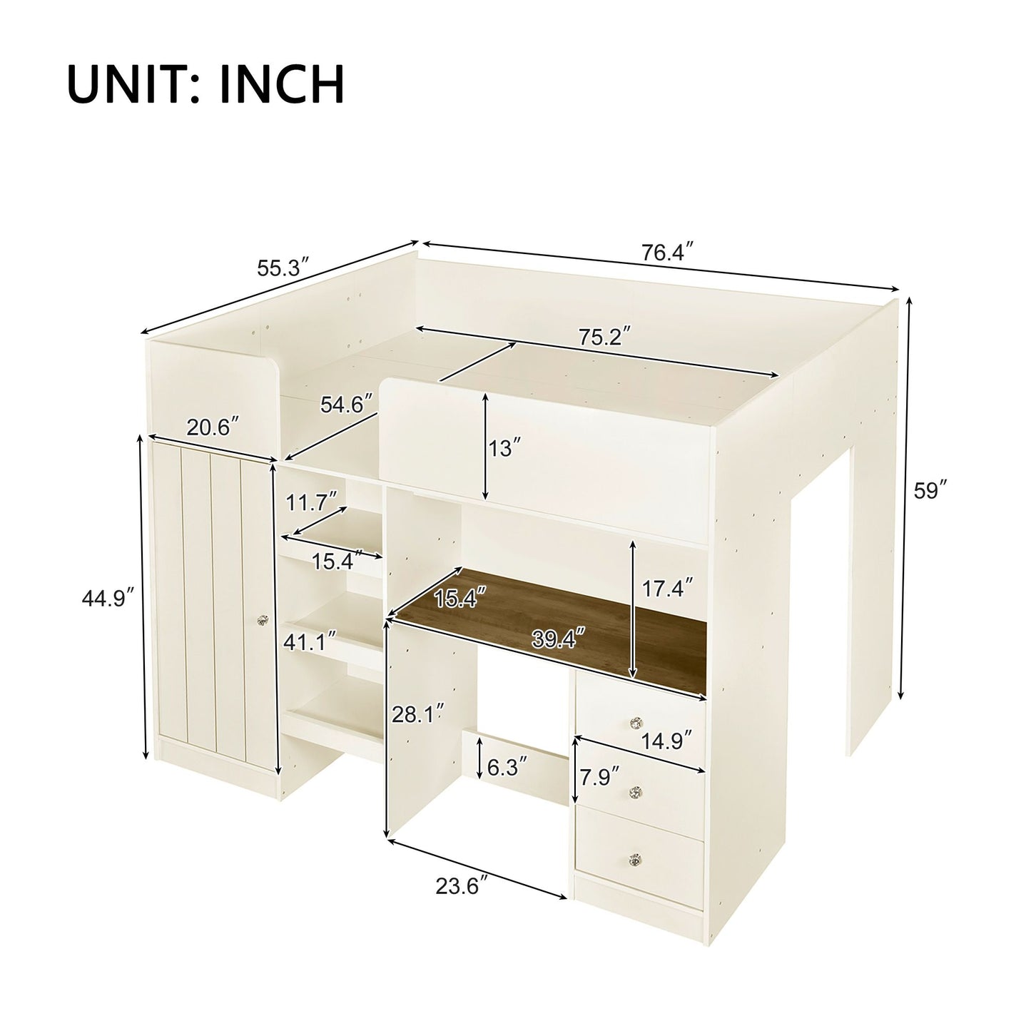 Wood Full Size Loft Bed with Built-in Wardrobe, Desk, Storage Shelves and Drawers, Beige image 6