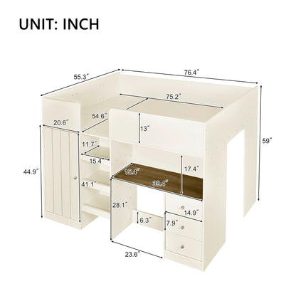 Wood Full Size Loft Bed with Built-in Wardrobe, Desk, Storage Shelves and Drawers, Beige image 6