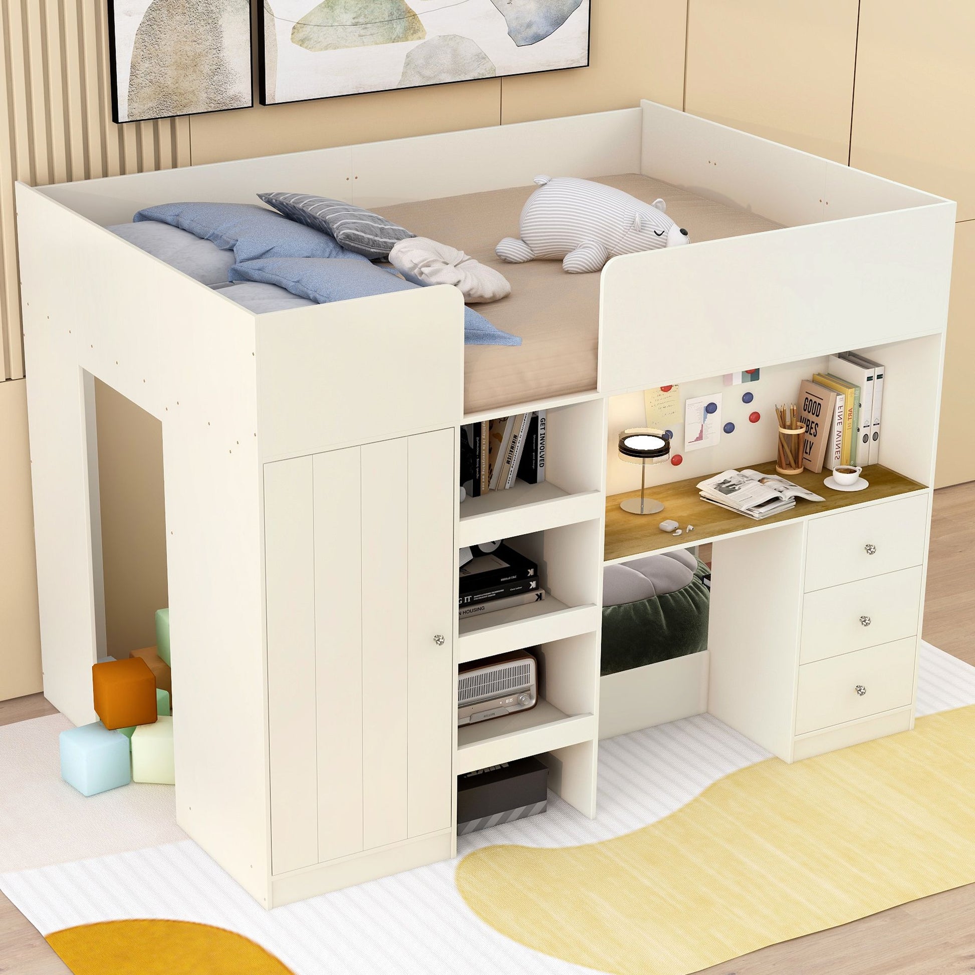 Wood Full Size Loft Bed with Built-in Wardrobe, Desk, Storage Shelves and Drawers, Beige image 2
