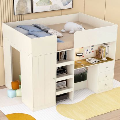 Wood Full Size Loft Bed with Built-in Wardrobe, Desk, Storage Shelves and Drawers, Beige image 2