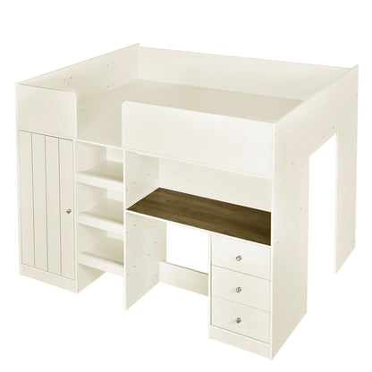Wood Full Size Loft Bed with Built-in Wardrobe, Desk, Storage Shelves and Drawers, Beige image 13