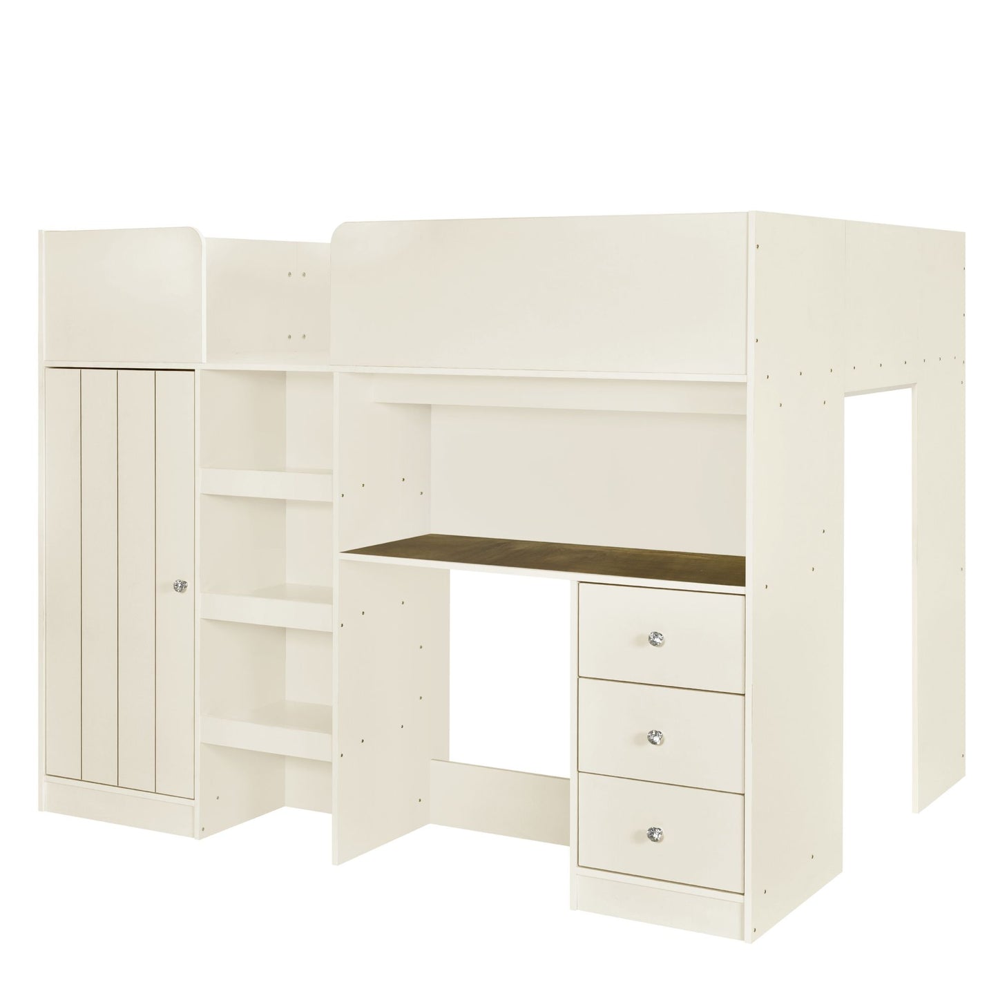 Wood Full Size Loft Bed with Built-in Wardrobe, Desk, Storage Shelves and Drawers, Beige image 8