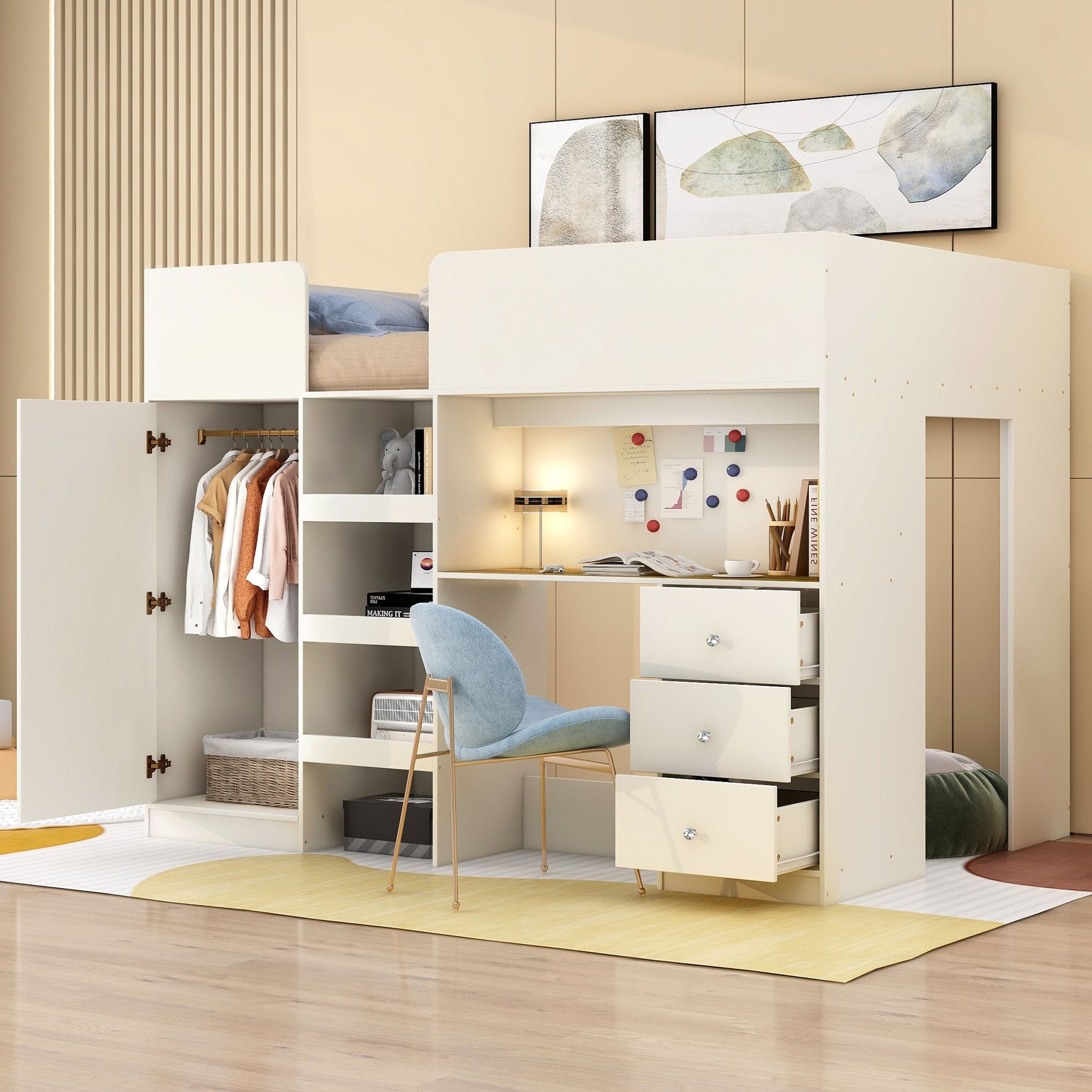Wood Full Size Loft Bed with Built-in Wardrobe, Desk, Storage Shelves and Drawers, Beige image 1