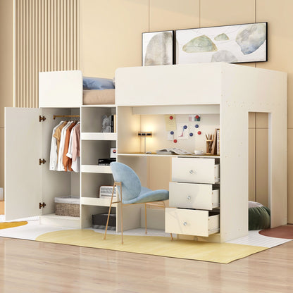 Wood Full Size Loft Bed with Built-in Wardrobe, Desk, Storage Shelves and Drawers, Beige image 1