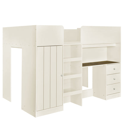 Wood Full Size Loft Bed with Built-in Wardrobe, Desk, Storage Shelves and Drawers, Beige image 14