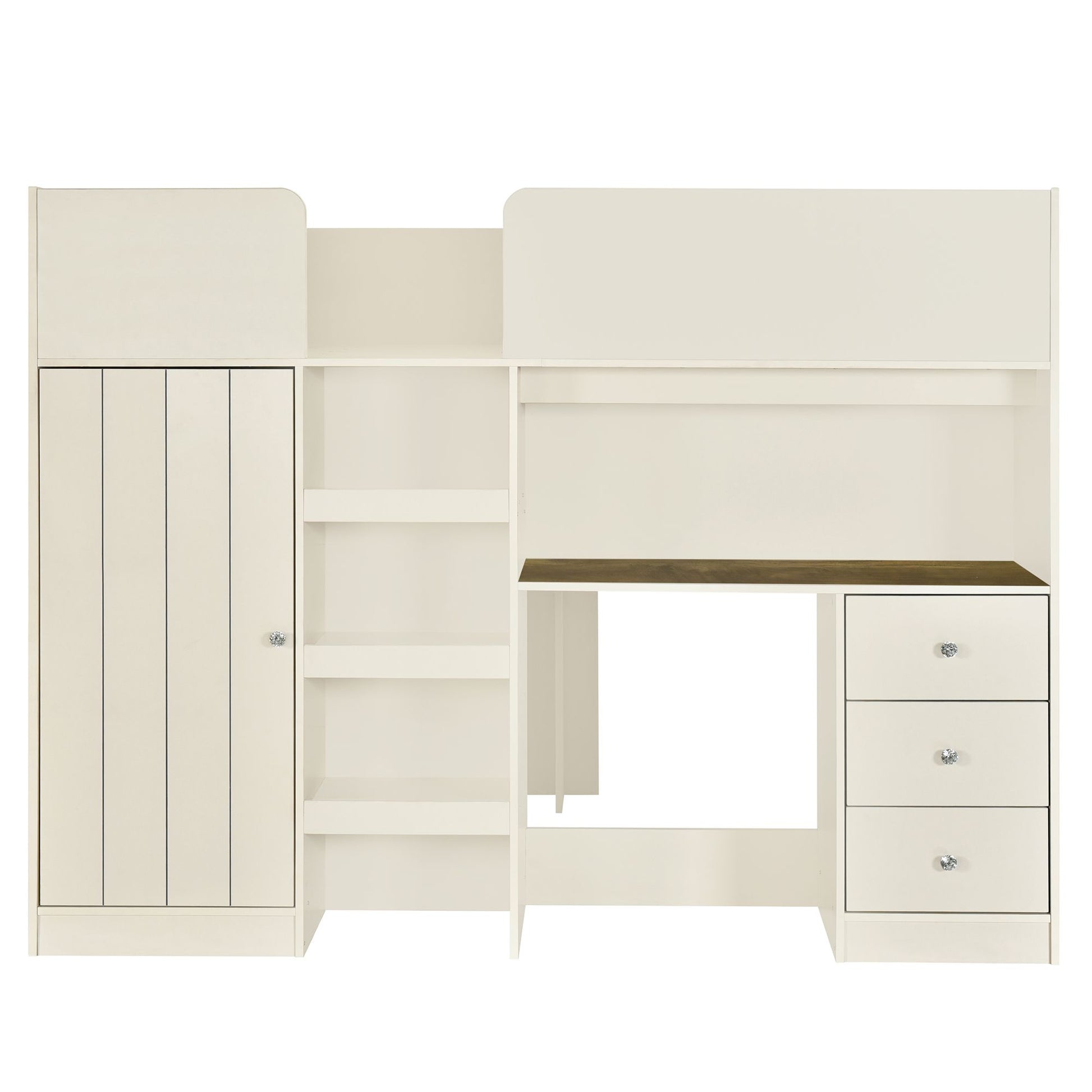 Wood Full Size Loft Bed with Built-in Wardrobe, Desk, Storage Shelves and Drawers, Beige image 7