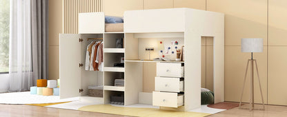 Wood Full Size Loft Bed with Built-in Wardrobe, Desk, Storage Shelves and Drawers, Beige image 5