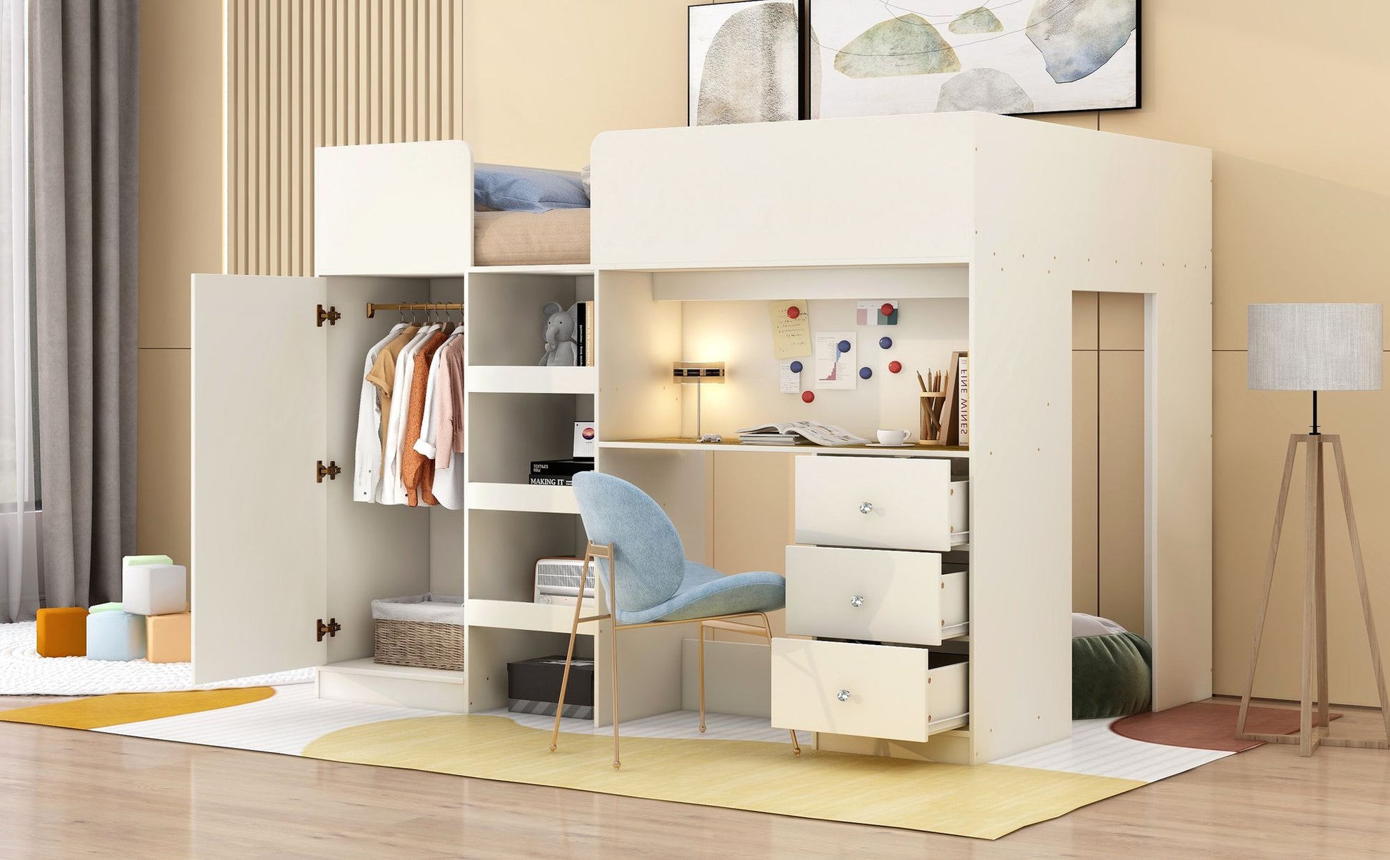 Wood Full Size Loft Bed with Built-in Wardrobe, Desk, Storage Shelves and Drawers, Beige image 4