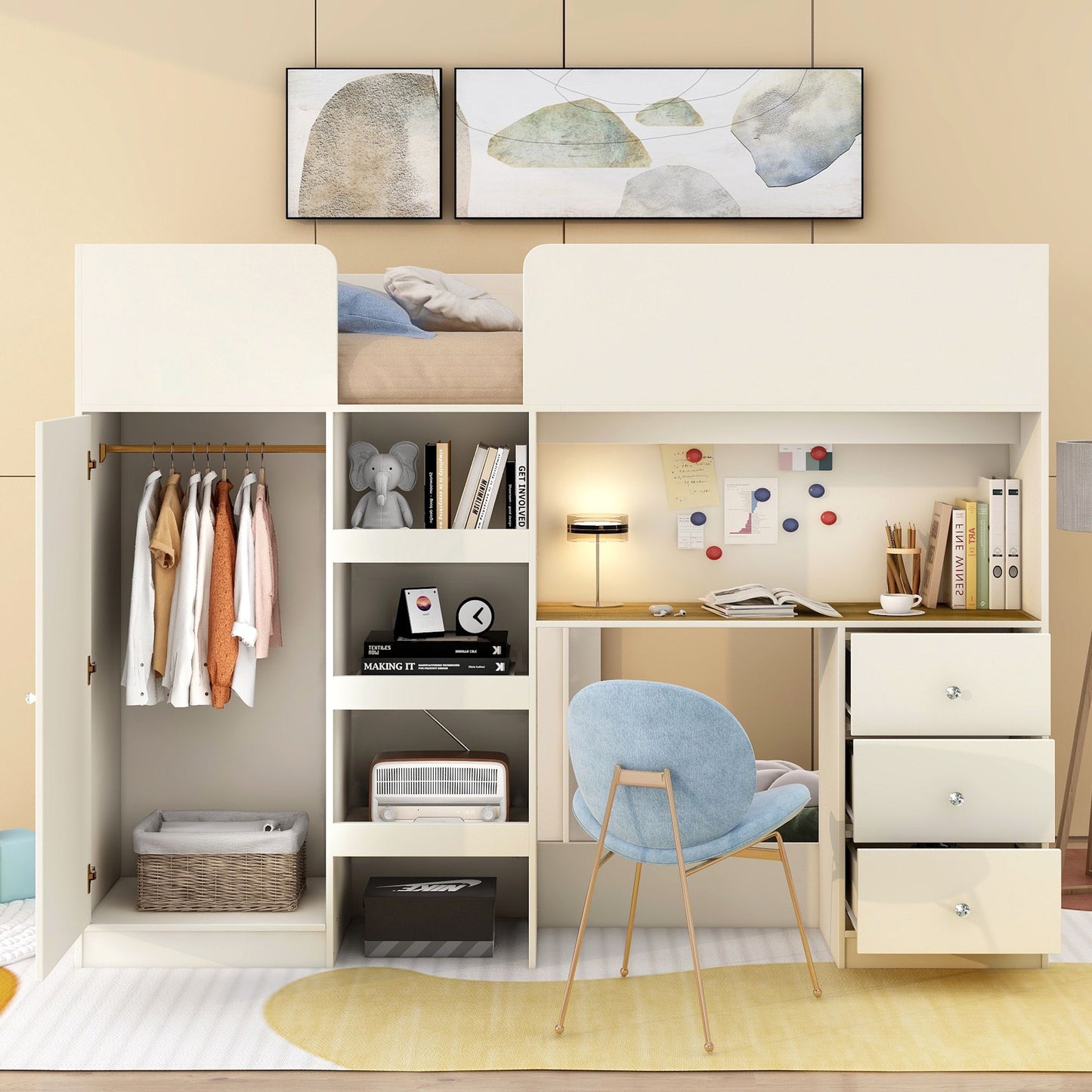 Wood Full Size Loft Bed with Built-in Wardrobe, Desk, Storage Shelves and Drawers, Beige image 3