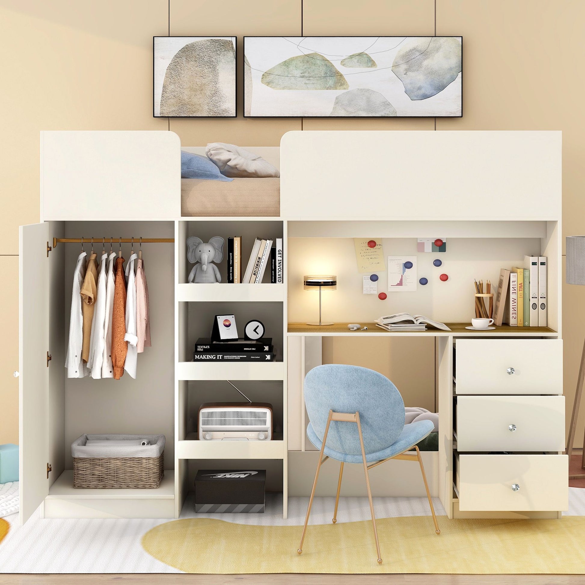 Wood Full Size Loft Bed with Built-in Wardrobe, Desk, Storage Shelves and Drawers, Beige image 3