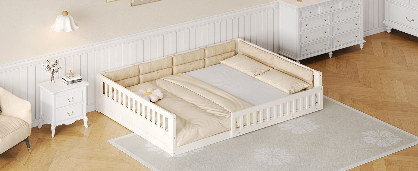 Wood Full Size Upholstered Platform Bed with Guardrail and Pillow, Beige image 8