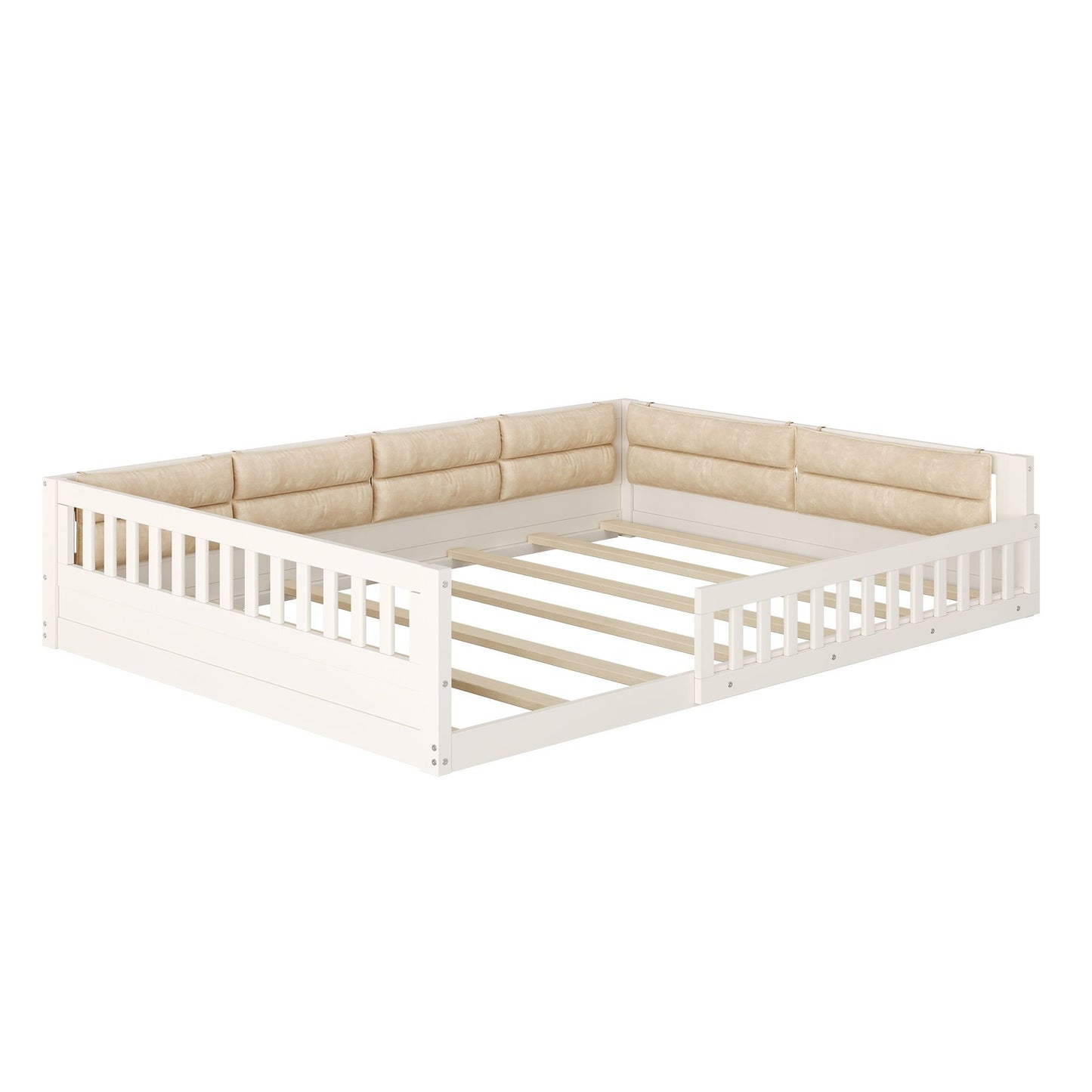 Wood Full Size Upholstered Platform Bed with Guardrail and Pillow, Beige image 13