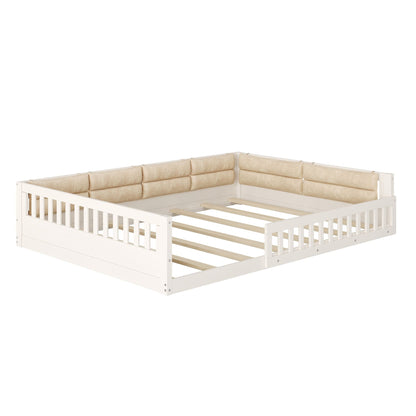 Wood Full Size Upholstered Platform Bed with Guardrail and Pillow, Beige image 13