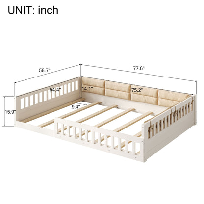 Wood Full Size Upholstered Platform Bed with Guardrail and Pillow, Beige image 10