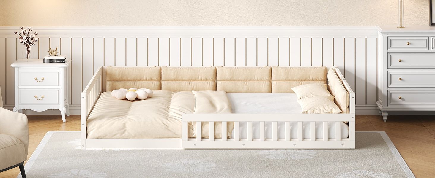 Wood Full Size Upholstered Platform Bed with Guardrail and Pillow, Beige image 7