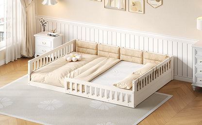 Wood Full Size Upholstered Platform Bed with Guardrail and Pillow, Beige image 4