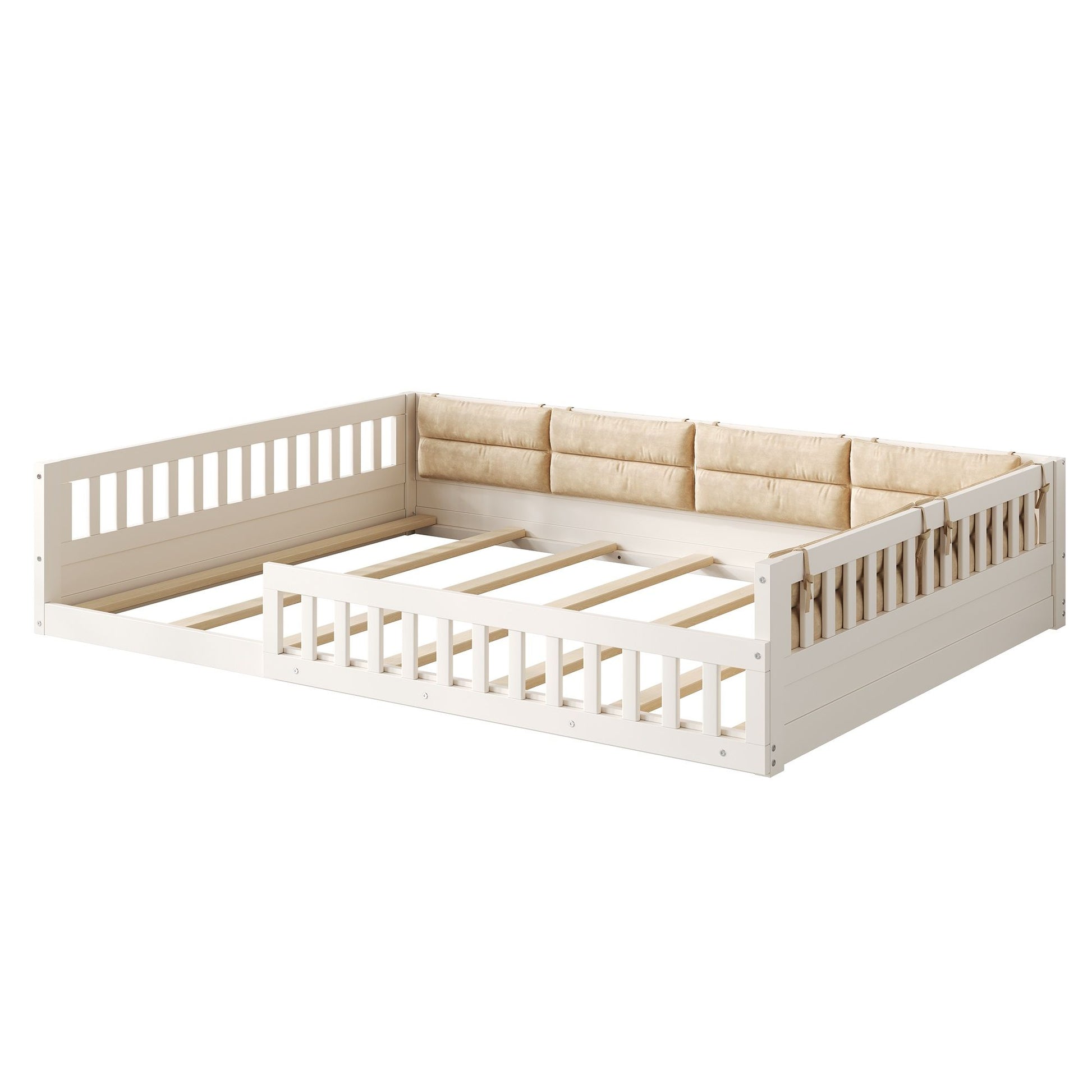 Wood Full Size Upholstered Platform Bed with Guardrail and Pillow, Beige image 12