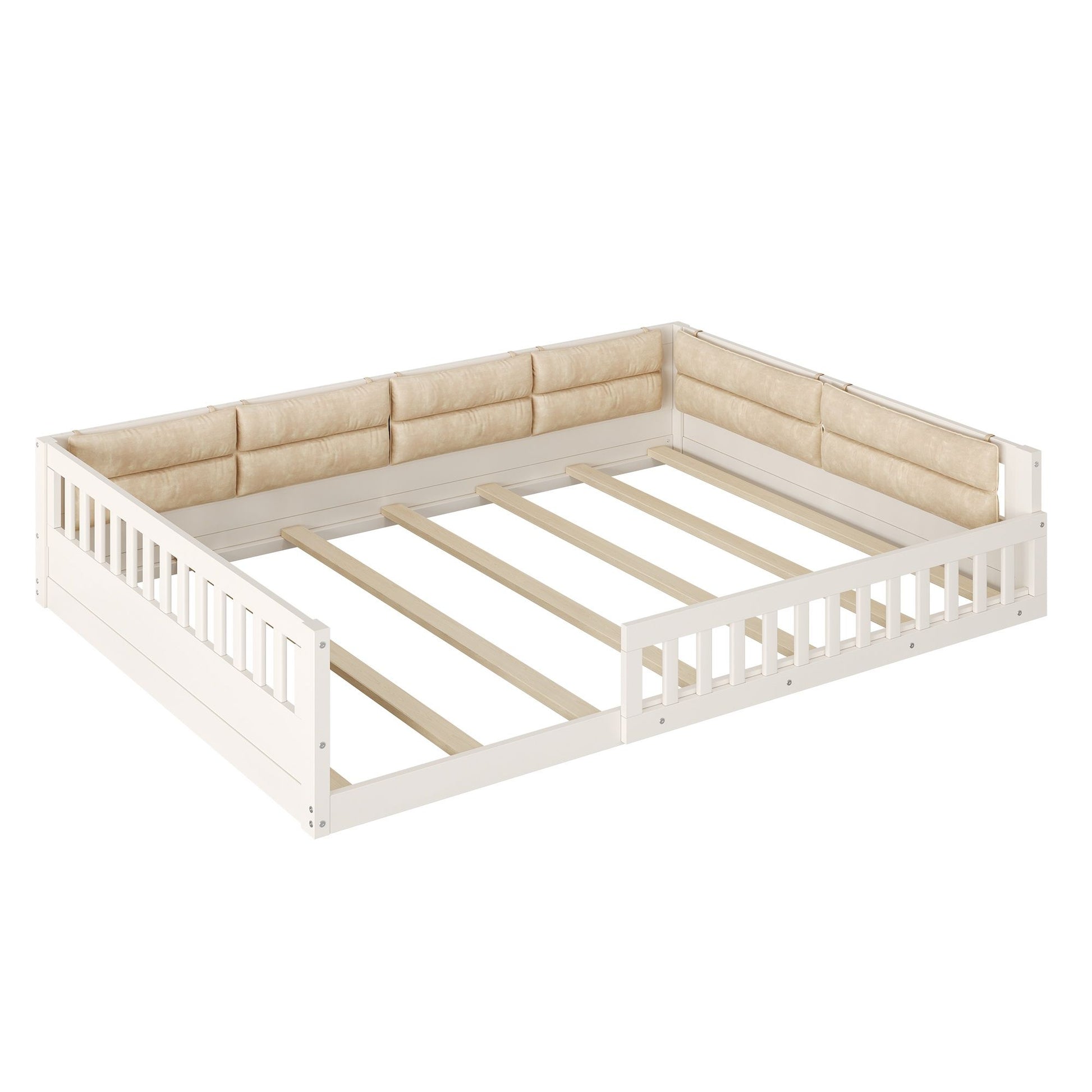 Wood Full Size Upholstered Platform Bed with Guardrail and Pillow, Beige image 15