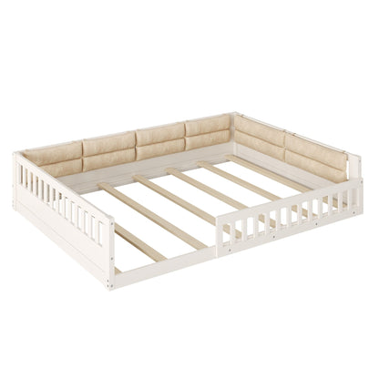 Wood Full Size Upholstered Platform Bed with Guardrail and Pillow, Beige image 15