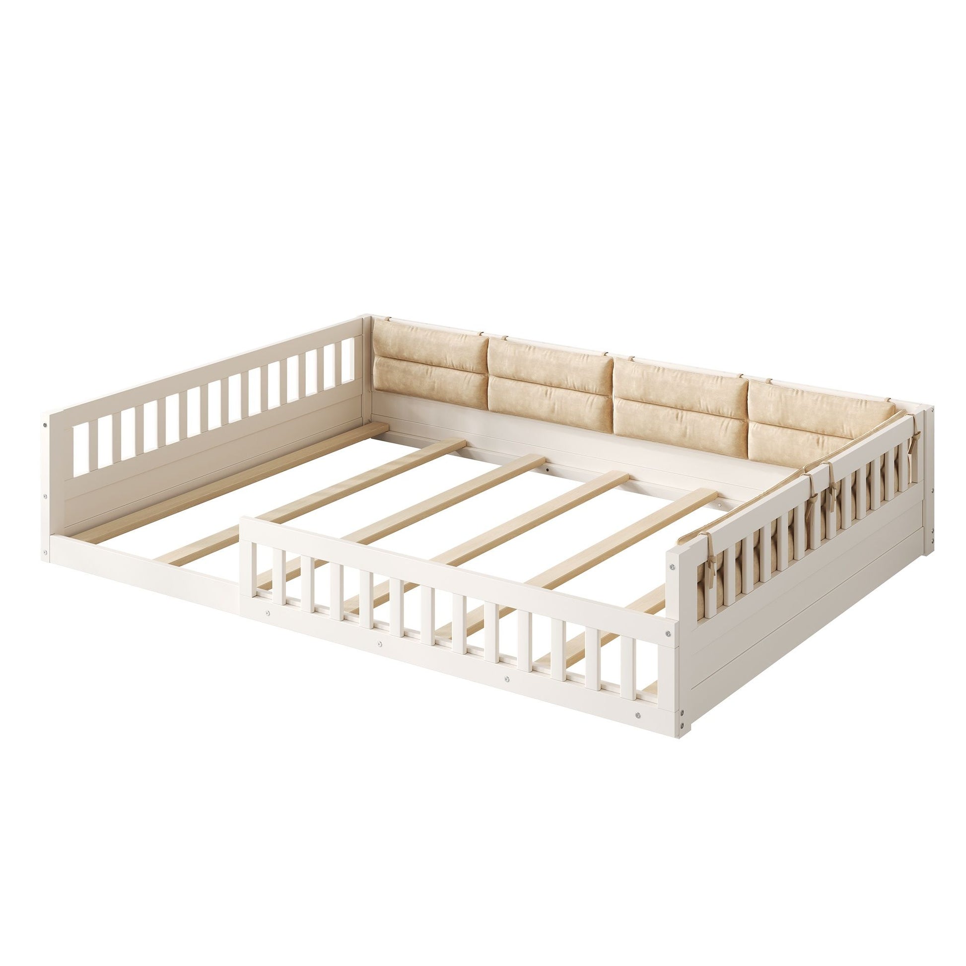 Wood Full Size Upholstered Platform Bed with Guardrail and Pillow, Beige image 14