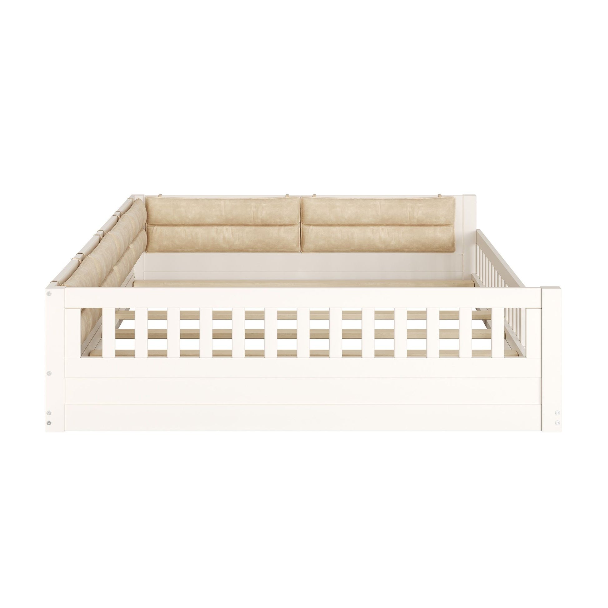 Wood Full Size Upholstered Platform Bed with Guardrail and Pillow, Beige image 16