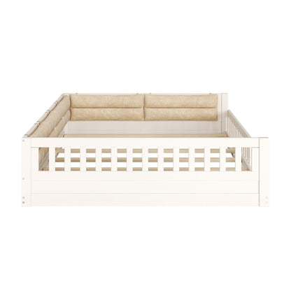 Wood Full Size Upholstered Platform Bed with Guardrail and Pillow, Beige image 16
