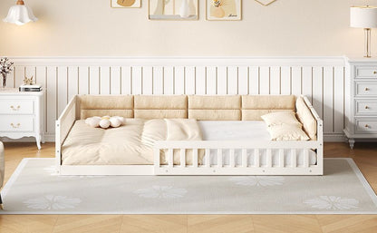 Wood Full Size Upholstered Platform Bed with Guardrail and Pillow, Beige image 5
