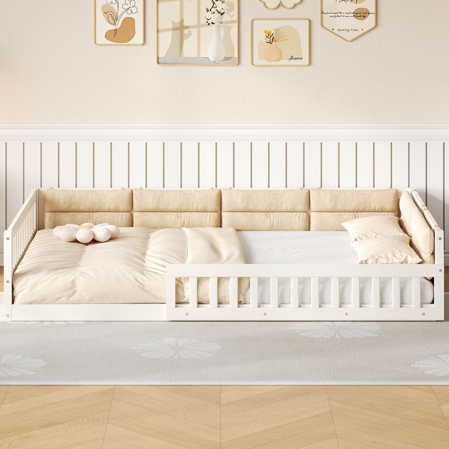 Wood Full Size Upholstered Platform Bed with Guardrail and Pillow, Beige image 3
