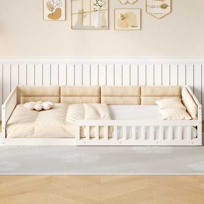 Wood Full Size Upholstered Platform Bed with Guardrail and Pillow, Beige image 3