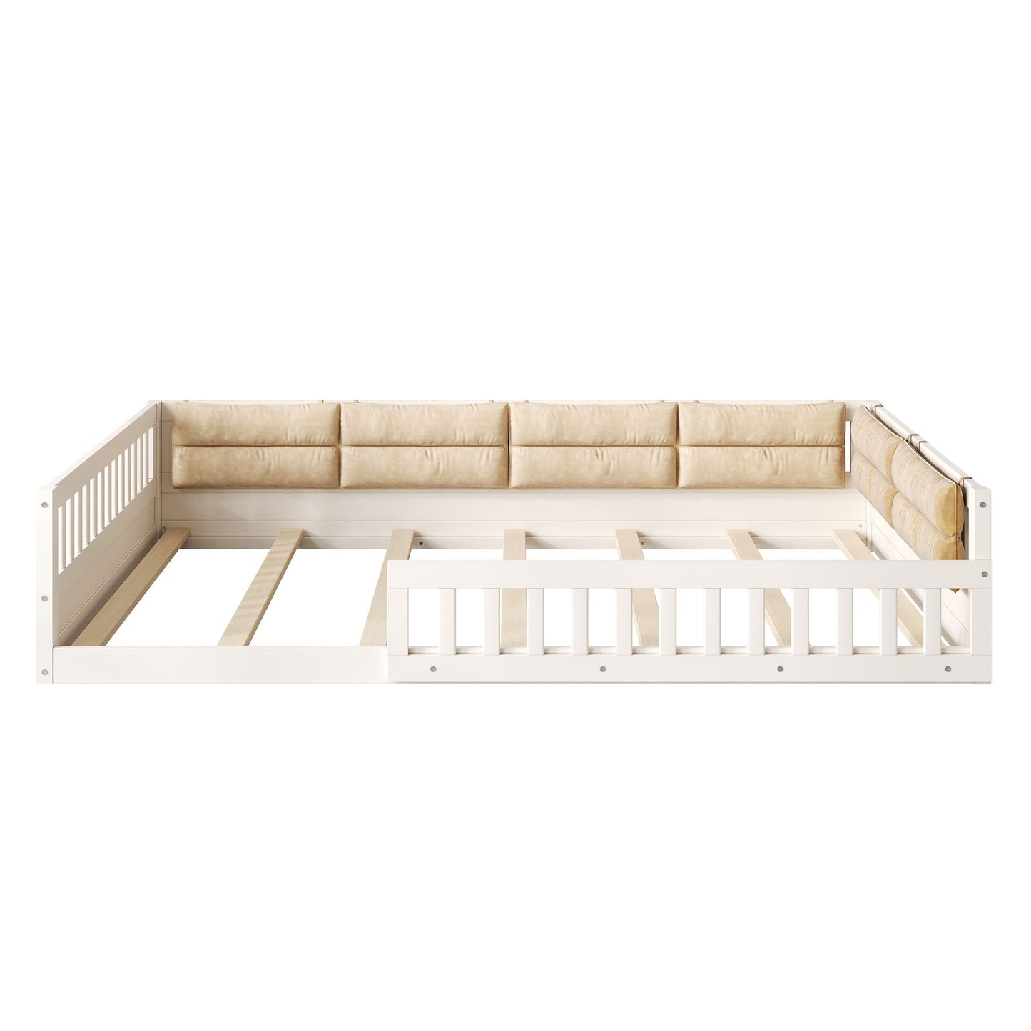 Wood Full Size Upholstered Platform Bed with Guardrail and Pillow, Beige image 11