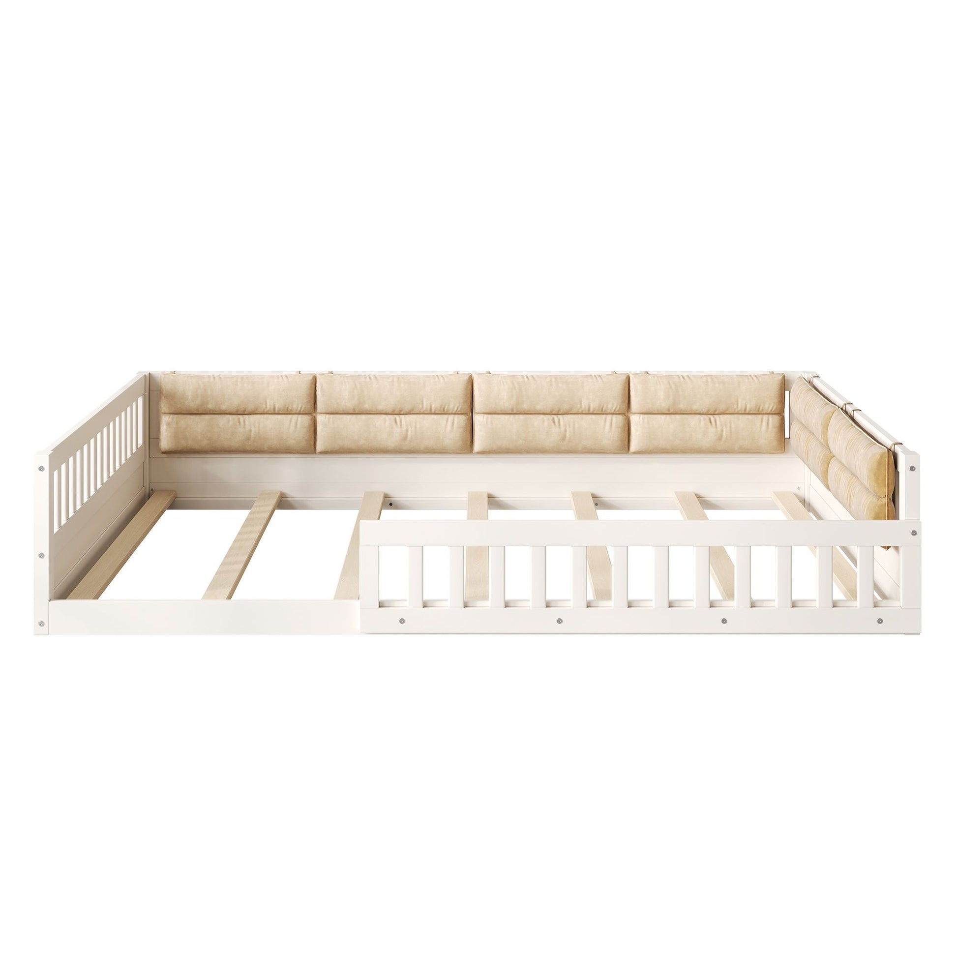 Wood Full Size Upholstered Platform Bed with Guardrail and Pillow, Beige image 11