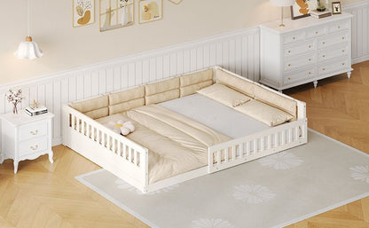 Wood Full Size Upholstered Platform Bed with Guardrail and Pillow, Beige image 6