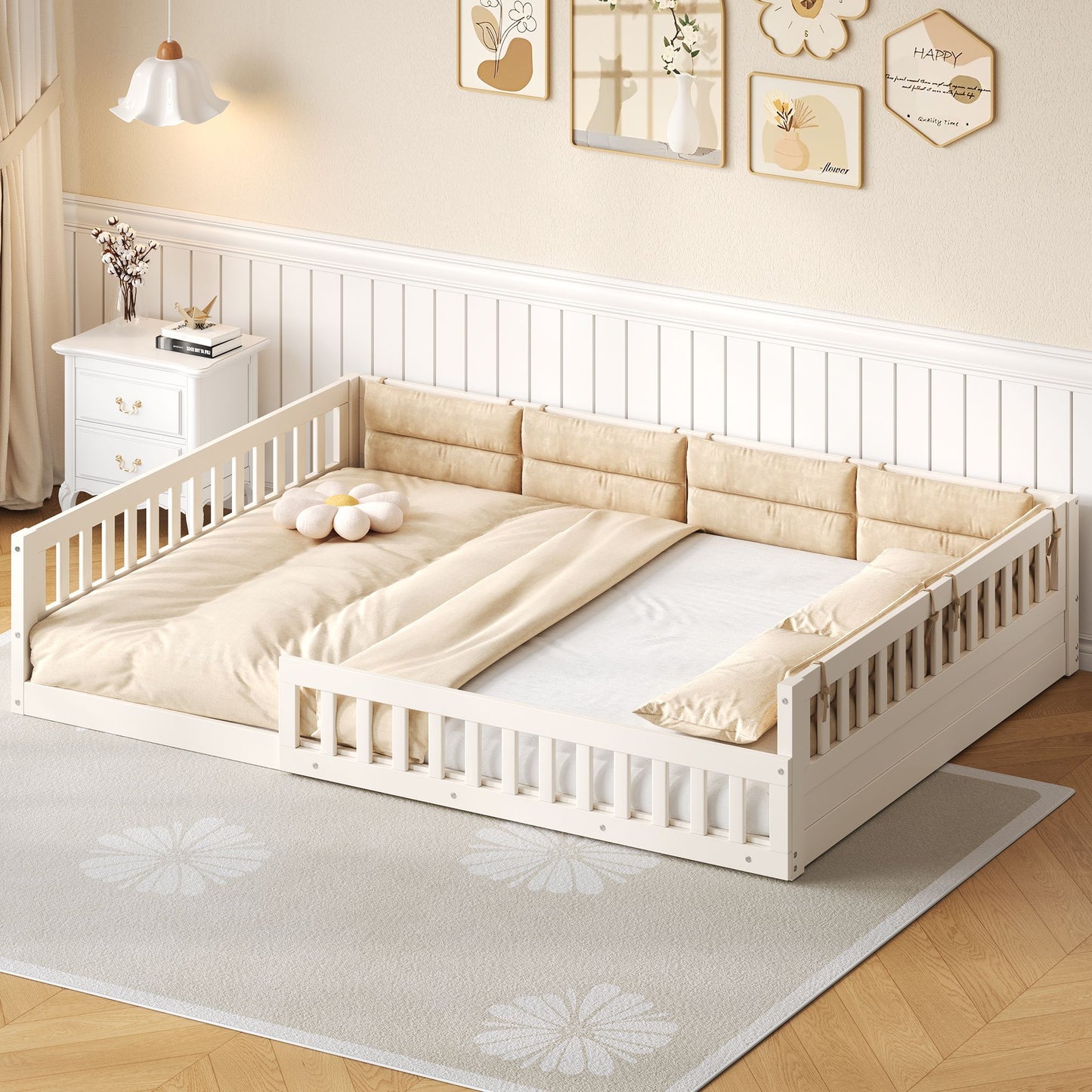 Wood Full Size Upholstered Platform Bed with Guardrail and Pillow, Beige image 1