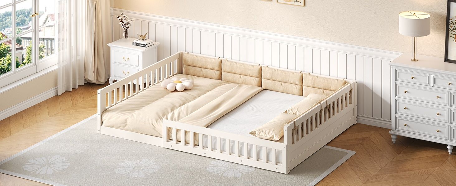 Wood Full Size Upholstered Platform Bed with Guardrail and Pillow, Beige image 9